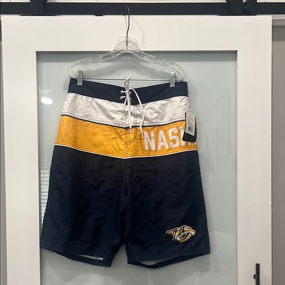 NHL Navy and Yellow Nashville Predators Board Swim Shorts, Size Large